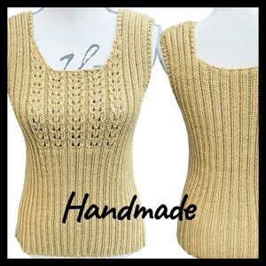 Wheat Handmade Chunky Knit Ribbed Pointelle Sleeveless Top Vest (XS/S)
